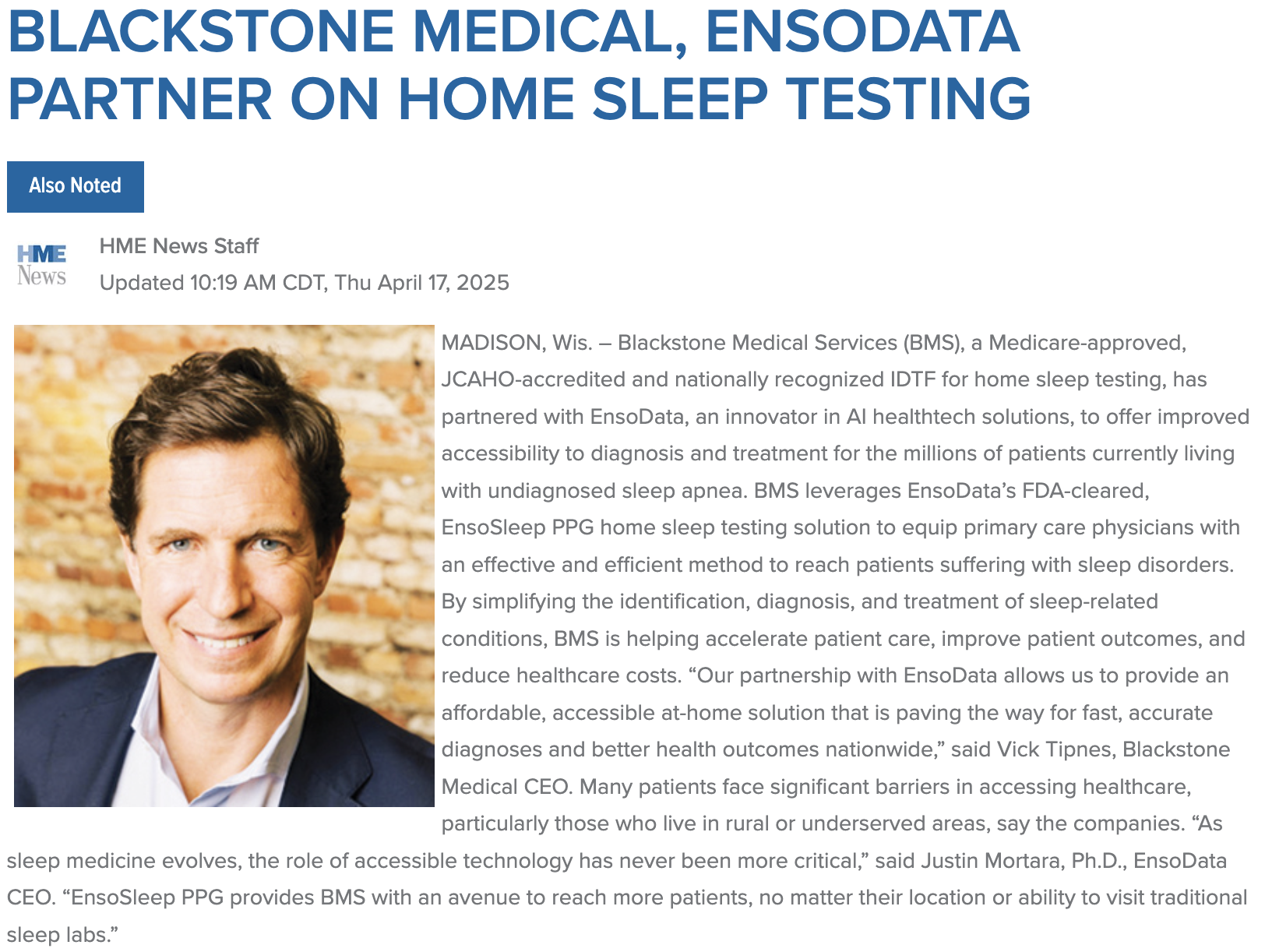 Blackstone Medical, EnsoData partner on home sleep testing